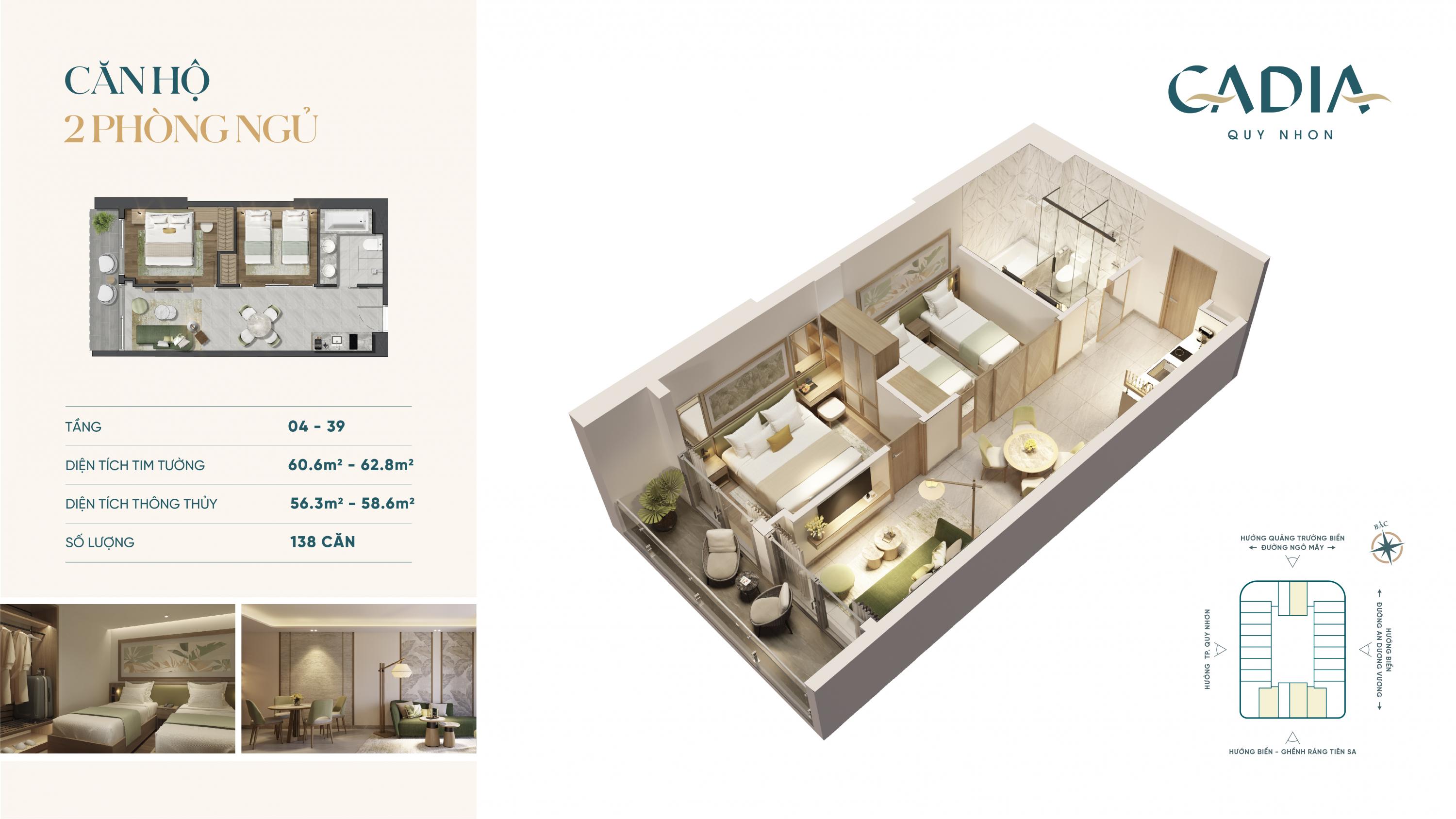 Thiết kế 2 phòng ngủ căn hộ Cadia Quy Nhơn