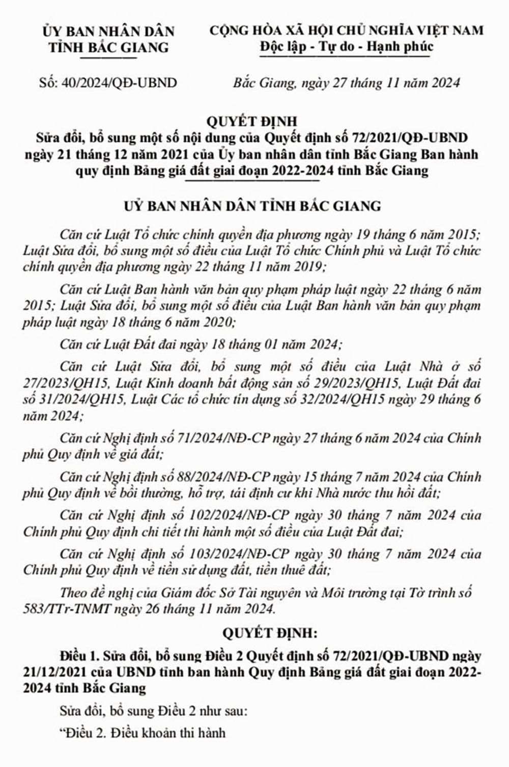 Bắc Giang ban hành Bảng giá đất mới, giá đất ở cao nhất 120 triệu đồng/m2