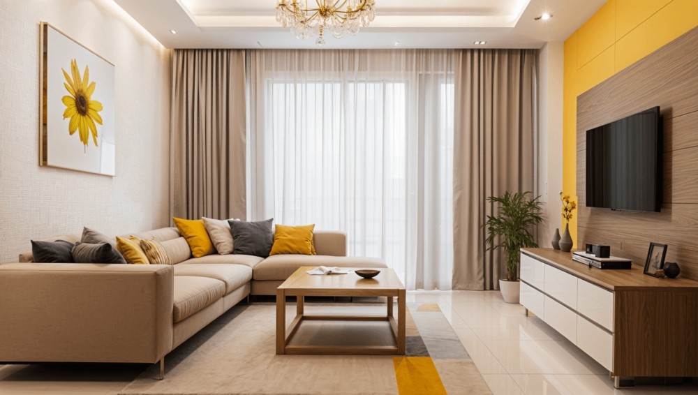 Gia chủ có thể lắp rèm mỏng ở phòng khách để hạn chế sự oi bức vào buổi chiều (Ảnh: Home Designing)