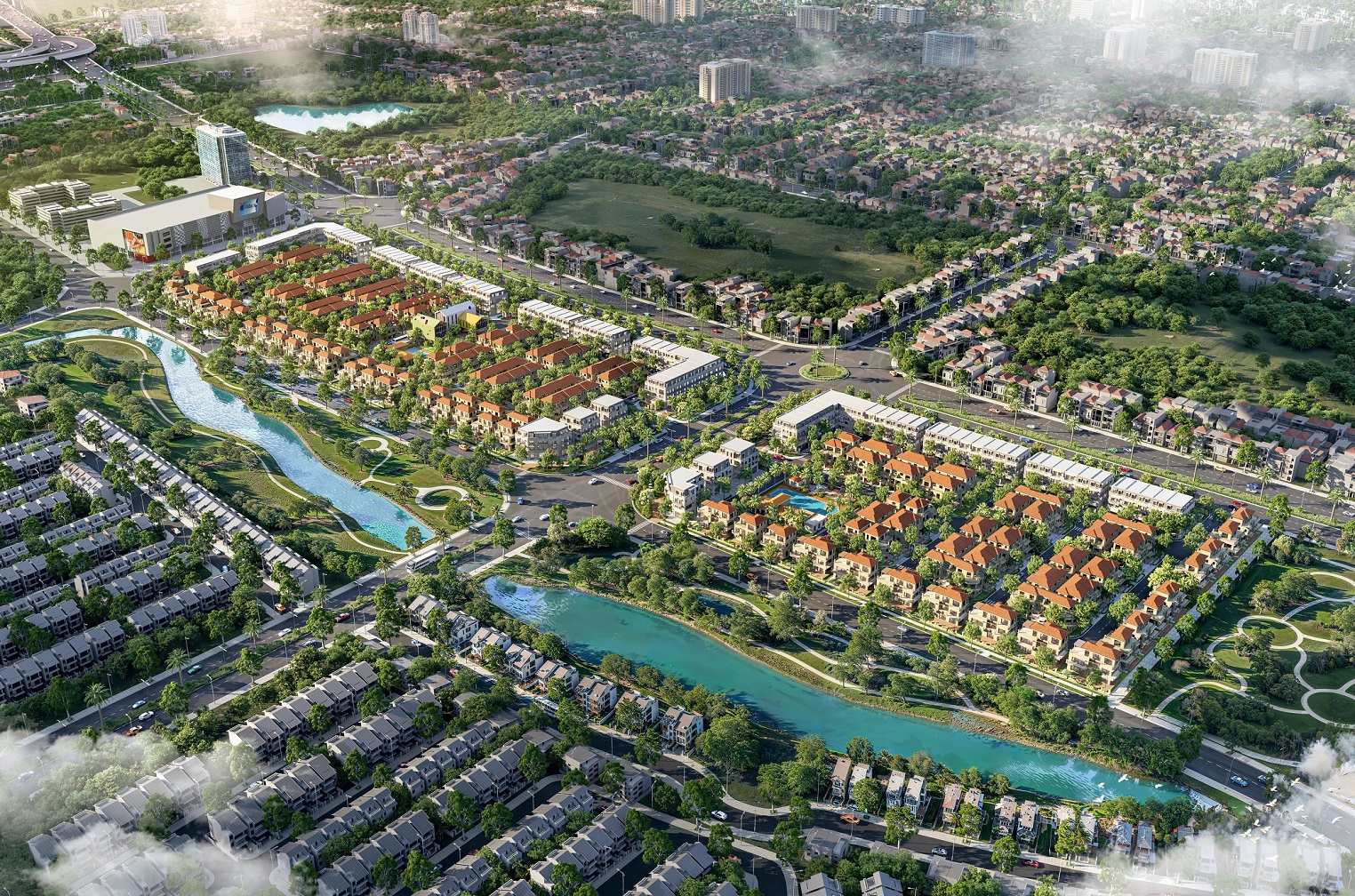 Phối cảnh dự án Sol Garden tại Thủy Nguyên, Hải Phòng, với các căn shophouse, biệt thự,...tạo nên không gian sống đẳng cấp